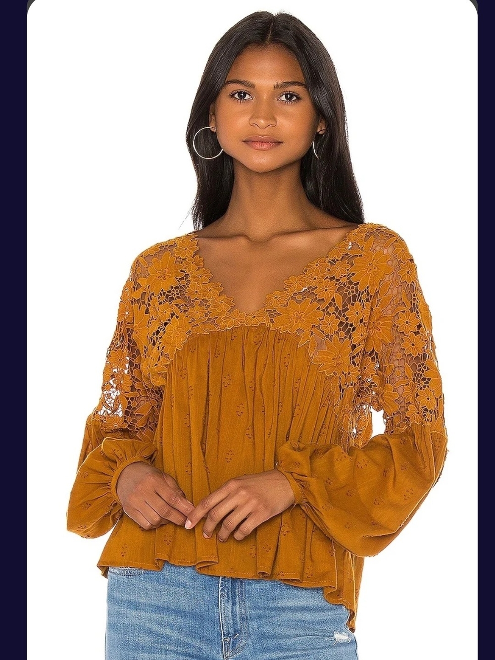 Free People Floral Lace Peasant Blouse - Mustard